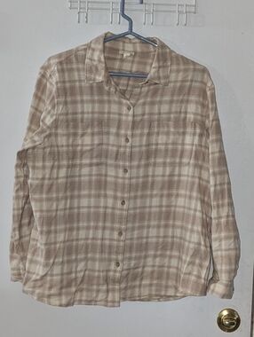 Beige Plaid Button-Up Shirt Lg
